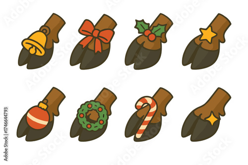 Festive Hooves Icons. Festive hooves isometric set. reindeer hoof with bell, hoof with ribbon, hoof with holly, hoof with star, hoof with ornament, hoof with wreath, hoof with