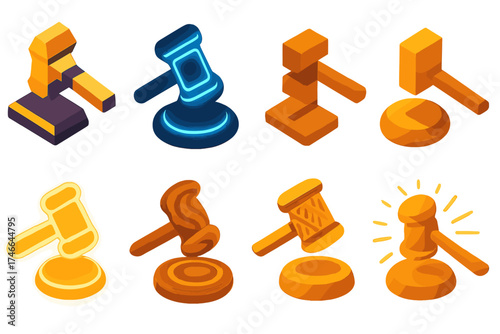Modern Gavel Icons. Creative gavels isometric set. geometric gavel, neon gavel, abstract gavel, minimalist gavel, glowing gavel, artistic swirl gavel, patterned gavel, radiant aura