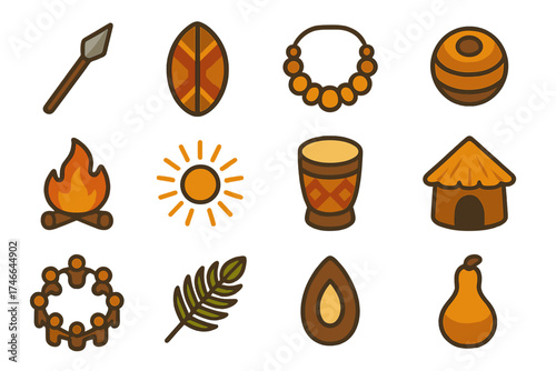 Tribal Icon Collection. Tribal dance isometric set. spear, shield, necklace, bead, fire, sunburst, drum, hut, circle of people, palm leaf, seed, gourd.