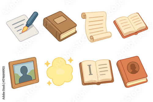 Memoir Icon Set. Memoir isometric set. pen writing on page, old book, story scroll, journal entry, framed photo, glowing memory, chapter icon, autobiography symbol.