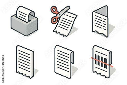 Isometric Receipt Icons. Receipt slip isometric set. thermal paper, scissors cut line, folded slip, item list, subtotal text, barcode scan