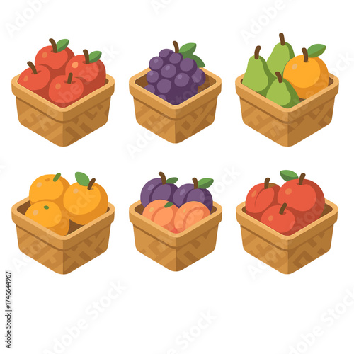Isometric Fruit Baskets. Fruit baskets isometric set. apple basket, grape basket, pear basket, mixed fruit basket, orange basket, plum basket, peach basket, pomegranate basket.