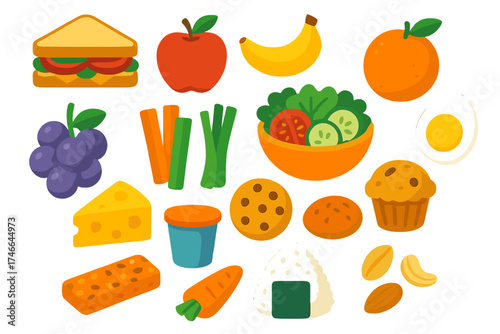 Minimalist Food Vector. Food items flat icon set. sandwich, apple, banana, orange, grapes, carrot sticks, celery, salad bowl, boiled egg, cheese slice, yogurt cup, cookie, muffin