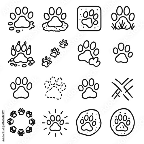 Nature's Paw Print Trails. Nature trails outline set. muddy paw print, sandy paw print, snow paw print, grassy paw print, rocky paw print, trail of prints, overlapping prints