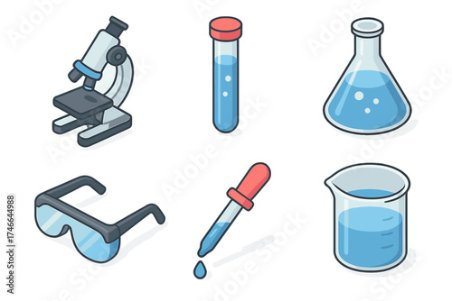 Lab Equipment Icons. Laboratory scientist isometric set. microscope, test tube, flask, beaker, goggles, pipette.