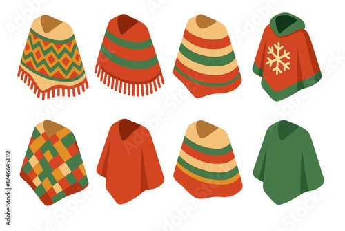Festive Poncho Icons. Holiday poncho isometric set. patterned poncho, fringed poncho, striped design, snowflake motif, festive colors, hooded poncho, woven style, simple drape.