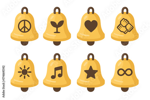 Symbolic Bell Icons. Symbolic bells isometric set. peace bell, hope bell, love bell, unity bell, light bell, harmony bell, guiding bell, eternal bell.