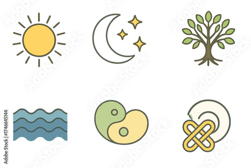 Symbolic Icon Designs. Symbolic patterns isometric set. sunburst motif, moon crescent pattern, star cluster design, tree of life motif, wave pattern, harmony circle, infinity knot