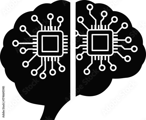 Human brain shape with circuit board microprocessor elements. Artificial intelligence, machine learning, and digital mind concept. Vector icon or symbol