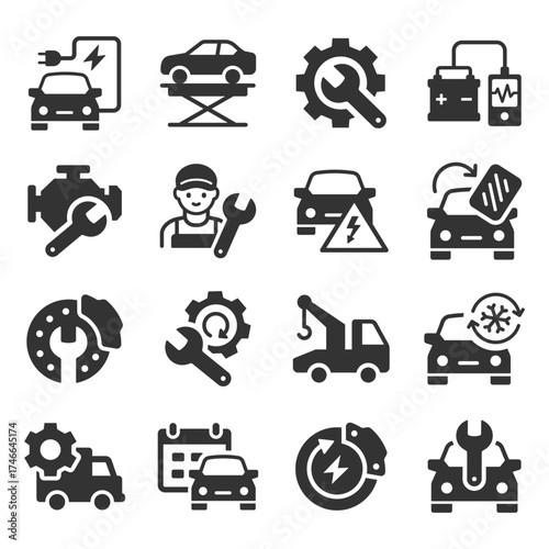 Electric vehicle workshop icons. Representing diagnostics, battery care, and repair.