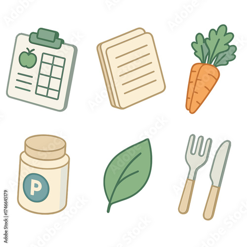 Isometric Diet Icons. Diet plan isometric set. meal chart, notebook lines, carrot bunch, protein icon, wellness leaf, fork and knife