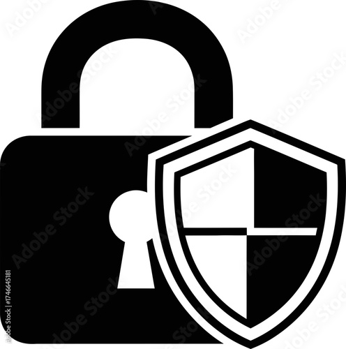Black padlock and shield protection icon security concept. Secure and protected lock symbol. Digital private technology. Vector illustration