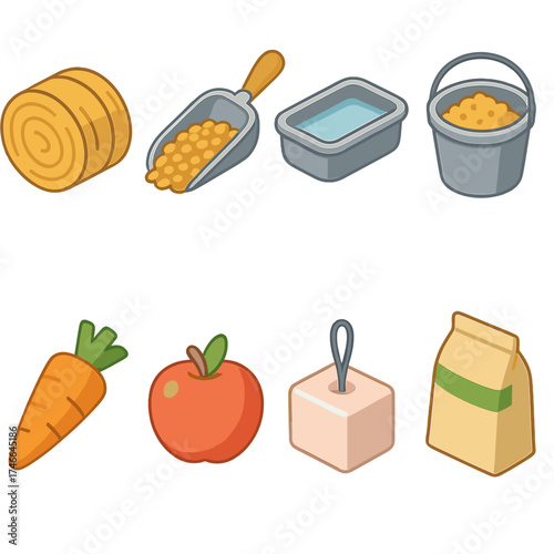 Feeding Icons Set. Feeding icons isometric set. hay bale, grain scoop, water trough, feed bucket, carrot treat, apple treat, salt lick, feeding bag.