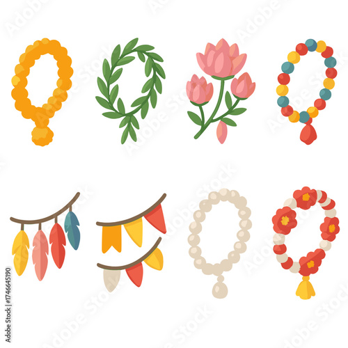 Cultural Garland Icons. Cultural garlands isometric set. marigold garland, olive garland, lotus garland, bead garland, feather garland, fabric garland, pearl garland, ceremonial
