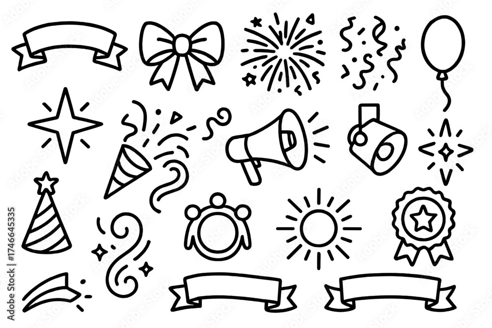 Fototapeta premium Festive Celebration Icons. Promotion items outline set. ribbon banner, festive bow, fireworks, confetti, streamer, glowing star, festive horn, megaphone, spotlight, balloon, party