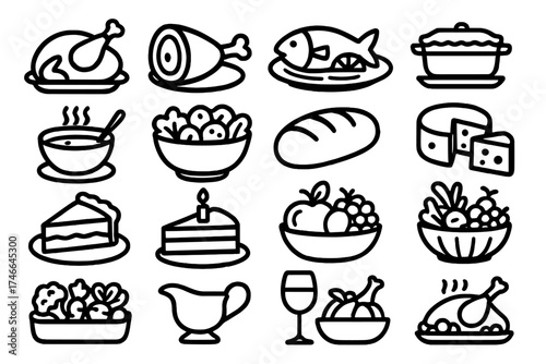 Holiday Feast Icons. Meal outline icons. roast turkey, ham, fish dish, casserole, soup bowl, salad bowl, bread loaf, cheese wheel, pie slice, cake, cookie plate, fruit basket