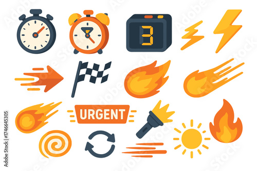 Urgency Icon Set. Urgency imagery isometric set. stopwatch, alarm clock, countdown timer, lightning bolt, fast arrow, racing flag, flame streak, motion lines, comet, zoom lines