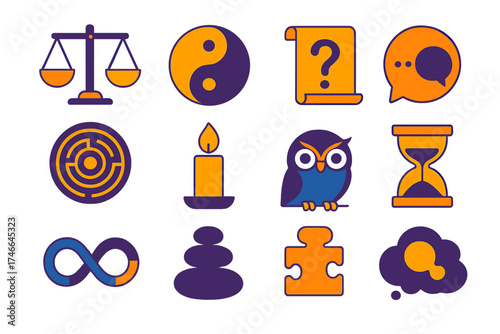 Philosophical Symbol Icons. Philosophical reflection flat icon set. scales, yin yang, question scroll, labyrinth, candle flame, dialogue bubble, infinity loop, wise owl, sand timer