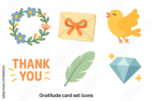 Isometric Gratitude Icons. Gratitude card isometric set. floral wreath, bow-tied envelope, joyful bird, soft feather, greeting text, sparkling gem