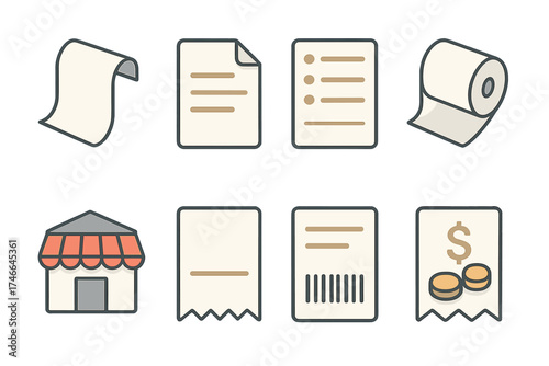 Isometric Checkout Icons. Checkout slip isometric set. curling paper, folded corner, list of items, paper roll end, store icon, dotted divider, barcode section, change line.