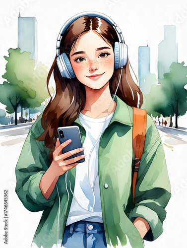 Young woman with headphones and phone walking outdoors