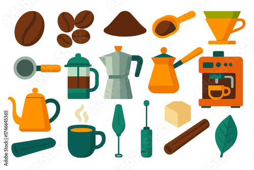 Modern Coffee Essentials. Coffee elements flat icon set. coffee bean, roasted beans, ground coffee, coffee scoop, filter cone, portafilter, French press, moka pot, cezve pot