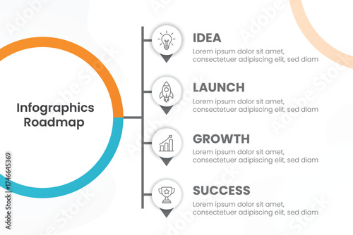 Modern business roadmap infographic for project planning and milestones. Timeline layout with step-by-step process chart for strategy presentation and workflow visualization. Vector illustration