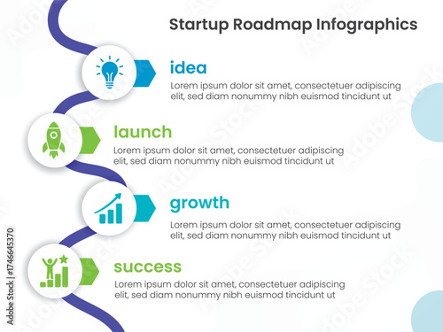 Modern business roadmap infographic for project planning and milestones. Timeline layout with step-by-step process chart for strategy presentation and workflow visualization. Vector illustration