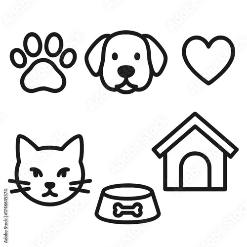 Animal Shelter Icons. Animal shelter outline set. paw print, dog face, cat face, heart symbol, kennel house, food bowl