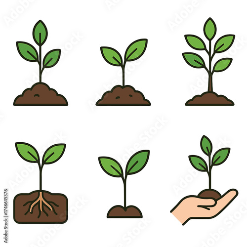 Minimalist Nature Icons. Fresh growth flat icon set. young tree in soil, planted sapling, glowing sprout, roots and stem, two leaf seedling, trunk with leaves, nature growth, hand