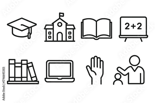 Inclusive Education Icons. Educational Inclusivity outline set. graduation cap, school building, open book, chalkboard, library shelf, laptop, raised hand, teacher figure.
