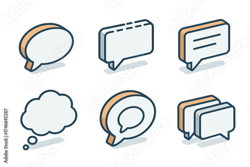 Isometric Talk Bubble Icons. Talk bubble isometric set. curved balloon, broken line bubble, highlighted message, floating thought, echo bubble, side-by-side chat
