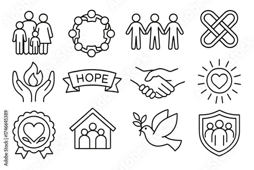 Symbols of Unity. Community set outline set. family figures, group circle, people holding hands, unity knot, shared flame, banner of hope, clasped hands, radiant circle, compassion