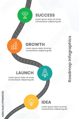 Modern business roadmap infographic for project planning and milestones. Timeline layout with step-by-step process chart for strategy presentation and workflow visualization. Vector illustration