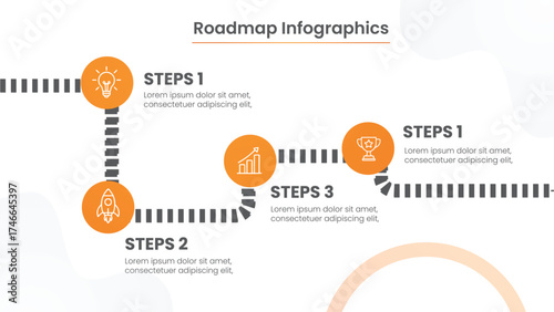 Modern business roadmap infographic for project planning and milestones. Timeline layout with step-by-step process chart for strategy presentation and workflow visualization. Vector illustration