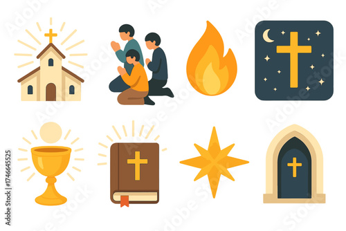 Holy Isometric Icons. Holy gathering isometric set. church with rays, worshippers in prayer, glowing flame, night sky with cross, ceremonial chalice, bible with light, sacred star