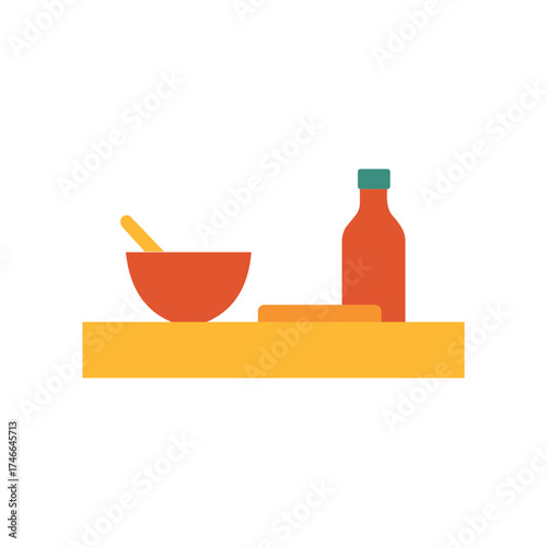Orange mortar pestle and bottle on yellow shelf isolated on plat vector design