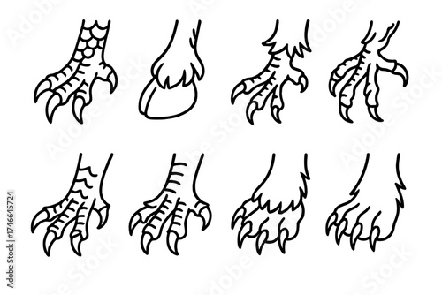 Mystical Creature Paws. Fantasy paws outline set. dragon claw, griffin talon, unicorn hoof, phoenix claw, basilisk claw, chimera paw, werewolf paw, mystical beast paw.
