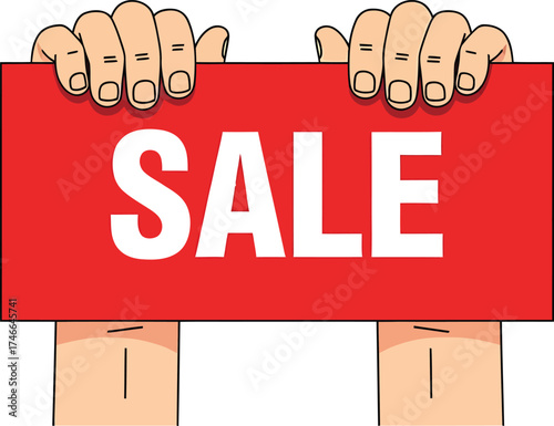 Two hands holding a red sign with the word SALE in large white letters.