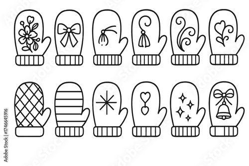 Decorative Mitten Icons. Decorated mittens outline set. embroidery, flower, ribbon, tassel, swirl, diamond pattern, stripe, starburst, charm, bow, bell, sparkle.