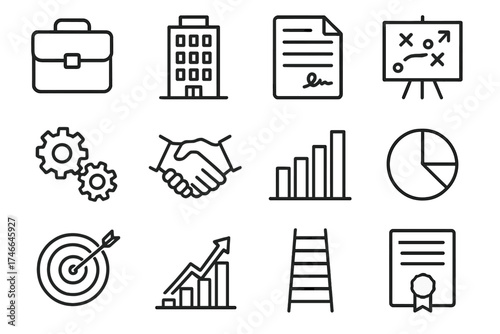 Business Icon Collection. Professional expertise outline set. briefcase, office building, contract sheet, strategy board, gears, handshake, bar chart, pie chart, target, upward