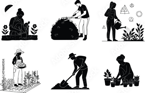 Gardening activities vector illustration, planting, watering, harvesting, trimming, digging, arranging plants, black and white style, horticulture concept, sustainable lifestyle, outdoor work