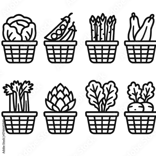 Farm Produce Icons. Farm produce outline set. cabbage basket, pea pod basket, asparagus basket, squash basket, celery basket, artichoke basket, kale basket, turnip basket.