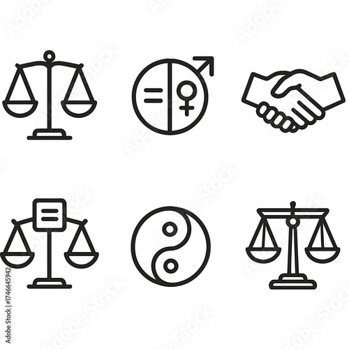 Equality Icon Set. Equality outline icons. balanced scale, equal sign, circle with half male half female, handshake, fairness scale, harmony symbol, balance beam, justice icon.
