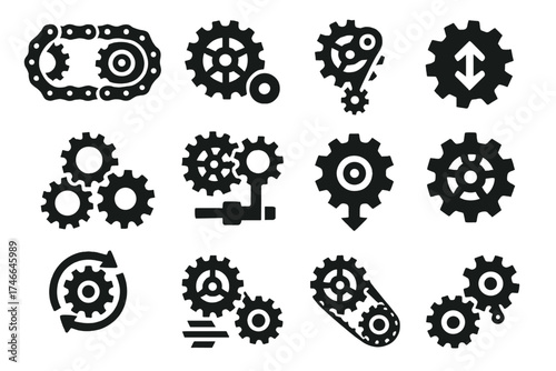 Brutalist Sprocket Icons. Sprocket Mechanics silhouette set. sprocket and chain diagram, sprocket with tensioner, sprocket with pulley, meshing sprockets, gear and sprocket combo