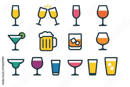 Vibrant Drink Icons. Drink icons flat icon set. champagne glass, clinking glasses, flute glass, wine glass, cocktail glass, martini glass, beer mug, whiskey tumbler, brandy snifter