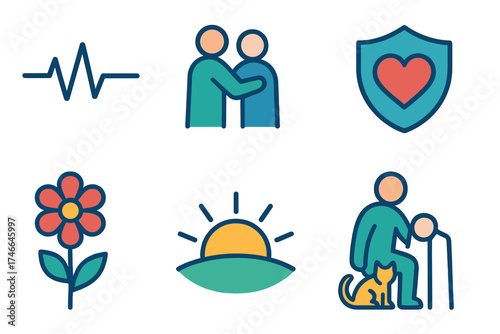 Caring Icons Collection. Caregiver flat icon set. heartbeat line, hug icon, elderly figure, walking stick, shield with heart, sunrise, flower, companion pet.