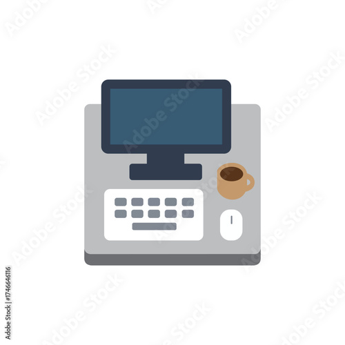 Top view of a computer desk with monitor keyboard mouse and coffee cup