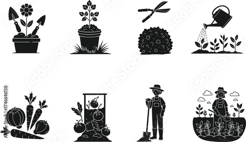 Gardening tools, farmer silhouette, vegetable harvest, watering plants, pruning shears, garden bed, potted plants, agriculture icons, farming activity, black vector set