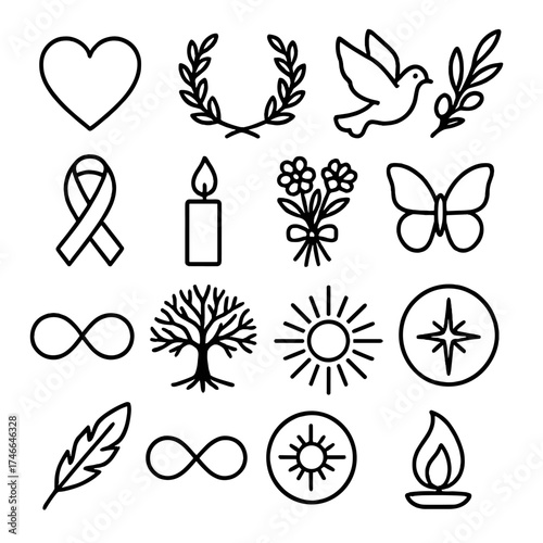 Symbols of Eternal Memory. Memory symbols outline set. heart, laurel wreath, dove, olive branch, ribbon, candle flame, flower bouquet, butterfly, feather, infinity loop, tree of